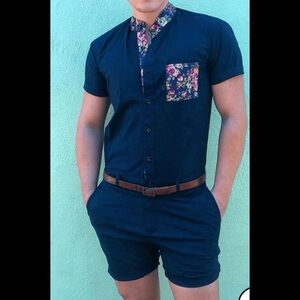 Men's Navy Short Sleeve Button-Up Shirt with Floral Trim